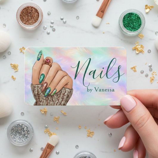 Chic Iridescent Opal Manicurist Artist Nail Studio Visitenkarte