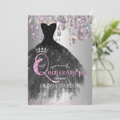 Chic iridescent silberne Glitzer Tropfen Quinceane Einladung (Stehend Vorderseite)