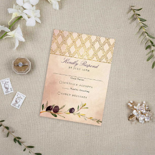 Chic Italian Olive Branch and Gold Lattice RSVP Karte