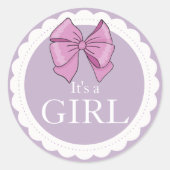 Chic It's a Girl Pink Bow Lila Runder Aufkleber (Vorderseite)