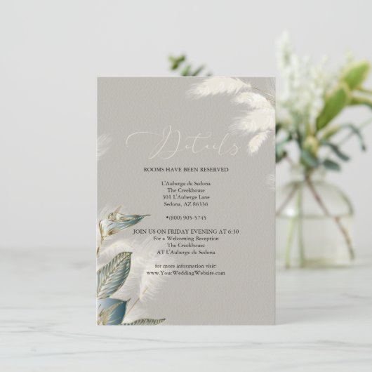 Chic Ivory Aquamarin Pampas Grass Einladung (Stehend Vorderseite)