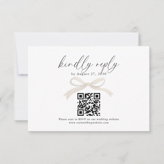 Chic Ivory Beige Bow Ribbon QR Code Wedding Rsvp Karte (Vorderseite)