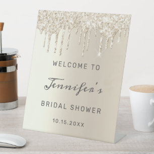 Chic Ivory Dripping Glitzer Brautparty Willkommen Sockelschild