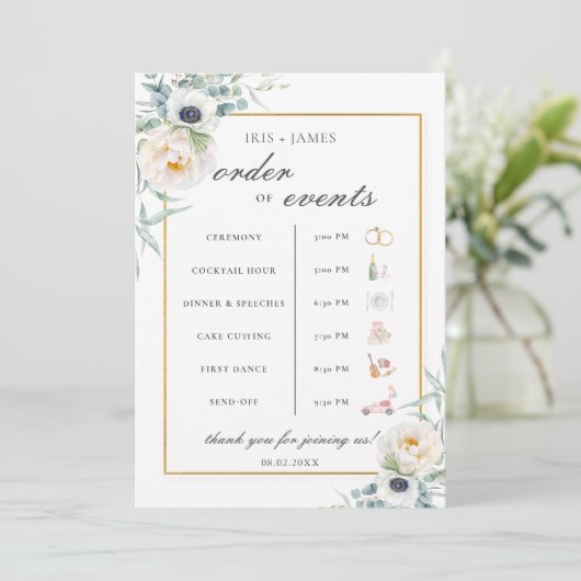 Chic Ivory Floral Wedding Order of Event Timeline Programm (Stehend Vorderseite)