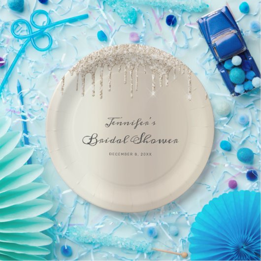 Chic Ivory Glitzer Tropfen Script Brautparty Pappteller (Party)