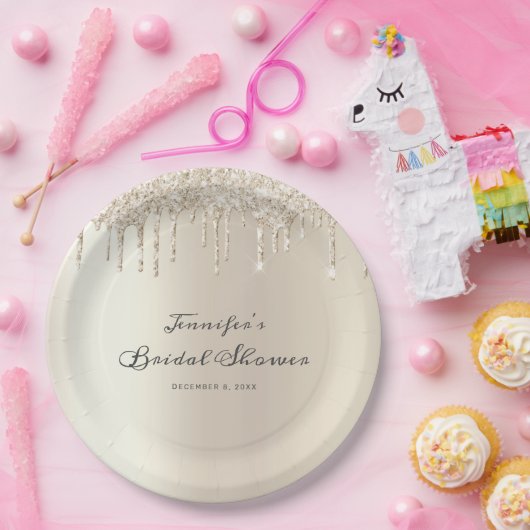 Chic Ivory Glitzer Tropfen Script Brautparty Pappteller (Party)