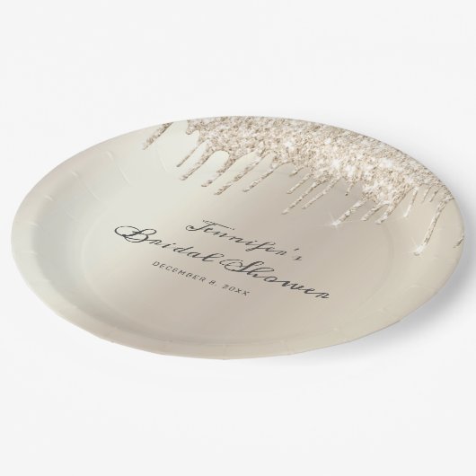 Chic Ivory Glitzer Tropfen Script Brautparty Pappteller (Schrägansicht)