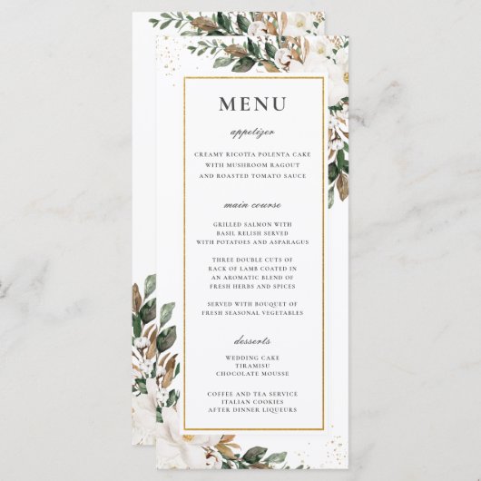 Chic Ivory Magnolia Blumengrün Hochzeitsmenü Programm (Vorne/Hinten)