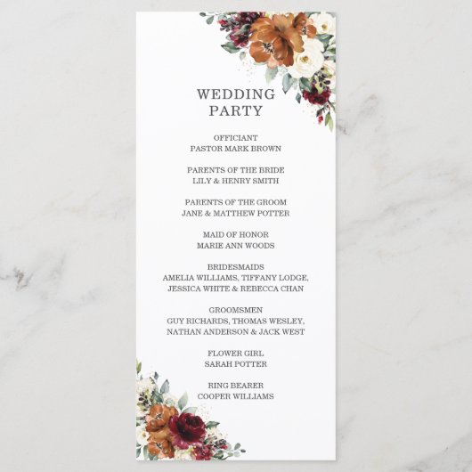 Chic Ivory Rust Burgundy Floral Wedding Program Programm (Rückseite)