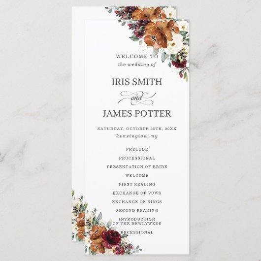 Chic Ivory Rust Burgundy Floral Wedding Program Programm (Vorne/Hinten)