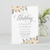 Chic Ivory White Rose Floral Wedding Einladung (Stehend Vorderseite)