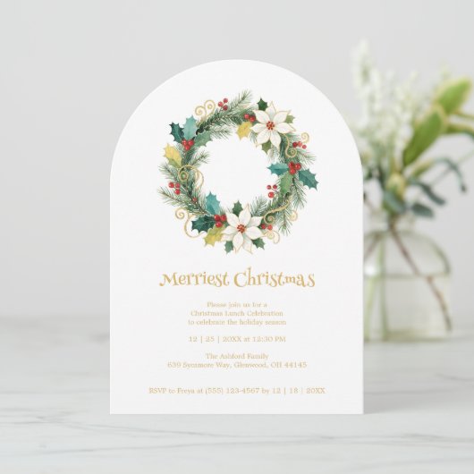 Chic Joyful Winter Christmas Wreath Holiday Party  Einladung (Stehend Vorderseite)