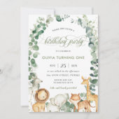 Chic Jungle Animals Greenery 1. Geburtstag Party Einladung (Vorderseite)