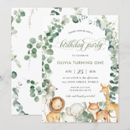 Chic Jungle Animals Greenery 1. Geburtstag Party Einladung