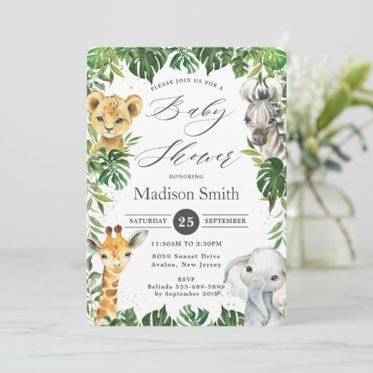 Chic Jungle Animals Greenery Safari Baby Dusche Einladung (Stehend Vorderseite)