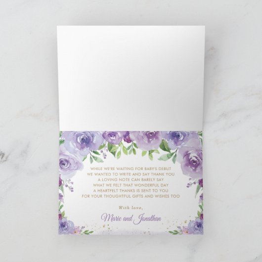 Chic Jungle Animals Lila Blumenbaby-Dusche Dankeskarte (Innenseite)
