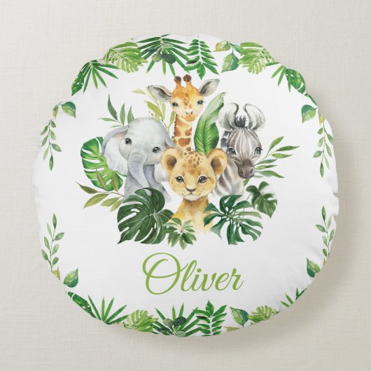 Chic Jungle Animals Safari Grüne Kinder Baby Rundes Kissen (Vorderseite)