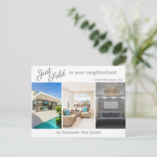 Chic Just Sold Real Anwesen House Foto Marketing Postkarte (Stehend Vorderseite)