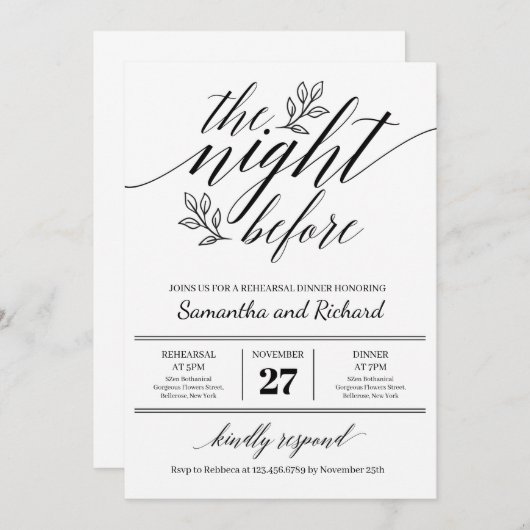 Chic-Kalligrafie Blumenschmuck am Vorabend Einladung (Vorne/Hinten)