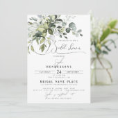 Chic Kalligraphy Greenery Eukalyptus Brautparty Einladung (Stehend Vorderseite)