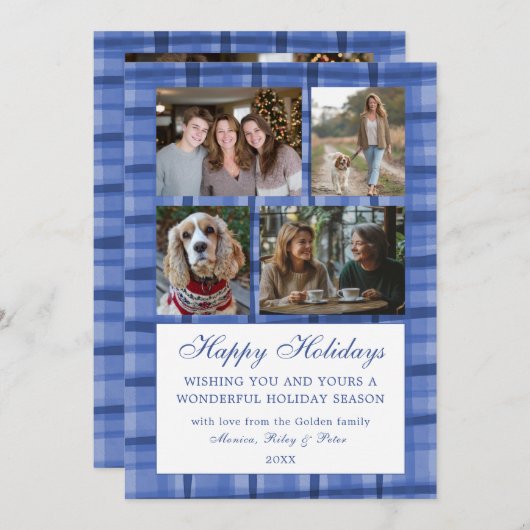 Chic Kariert HANUKKAH Custom 9 Foto Collage Blue Feiertagskarte (Vorne/Hinten)