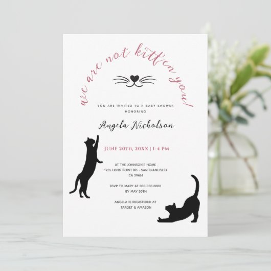 Chic Kitten Black & Pink Girl Girl Kinderdusche Einladung (Stehend Vorderseite)