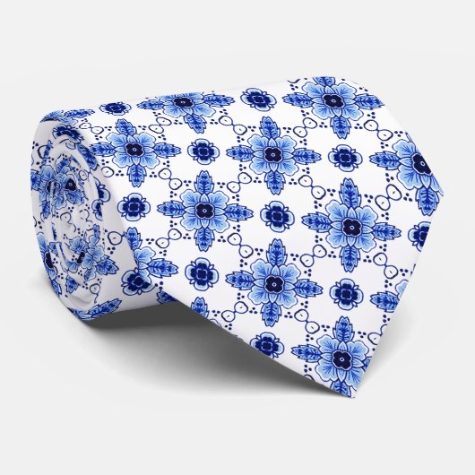 Chic Klassiker Niederländisches Delft Blau Florale Krawatte (Gerollt)