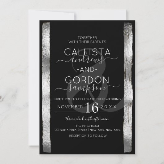Chic Künstlerisch Black Silver Pinselstrich Rahmen Einladung (Vorderseite)