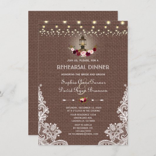 Chic Lace Burlap String Lights Probe Dinner Einladung (Vorne/Hinten)