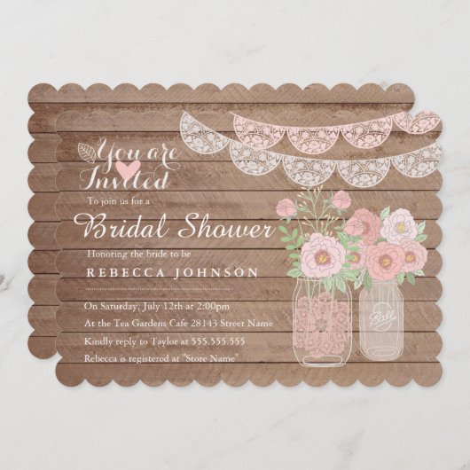 Chic Lace Mason Jar & Wood Brautparty Einladung (Vorne/Hinten)
