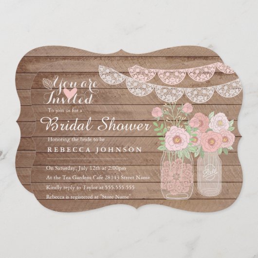 Chic Lace Mason Jar & Wood Brautparty Einladung (Vorne/Hinten)