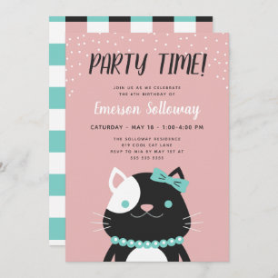Chic Lady Cat Pink Kindergeburtstag Party Einladung