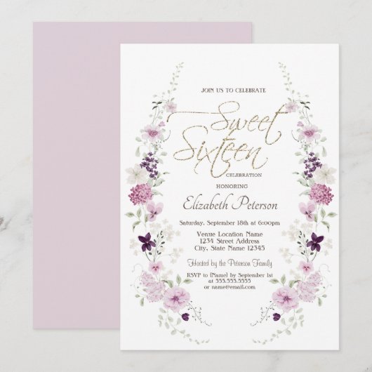 Chic Lavendel Wildblumen Sweet 16 Einladung (Vorne/Hinten)
