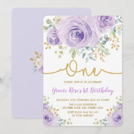 Chic Lavender Floral Rose Girl 1. Geburtstag Party Einladung