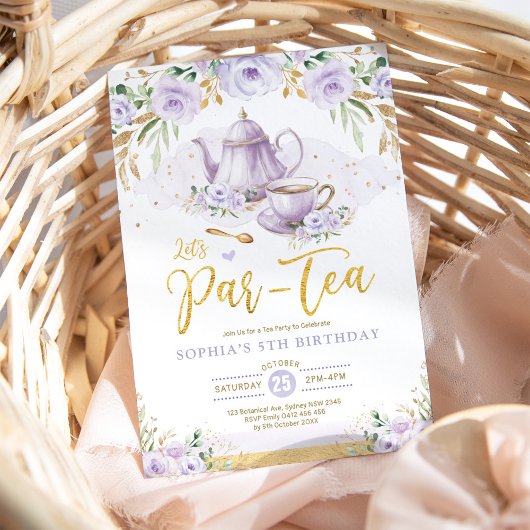 Chic Lavender Gold Floral Girls Birthday Tee Party Einladung