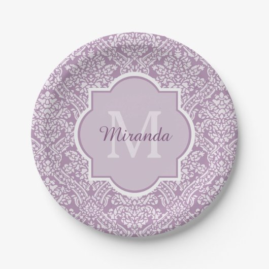 Chic Lavender Lila Damask Monogram mit Name Pappteller (Vorderseite)
