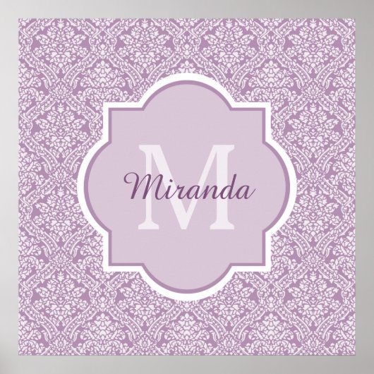 Chic Lavender Lila Damask Monogram mit Name Poster (Vorne)