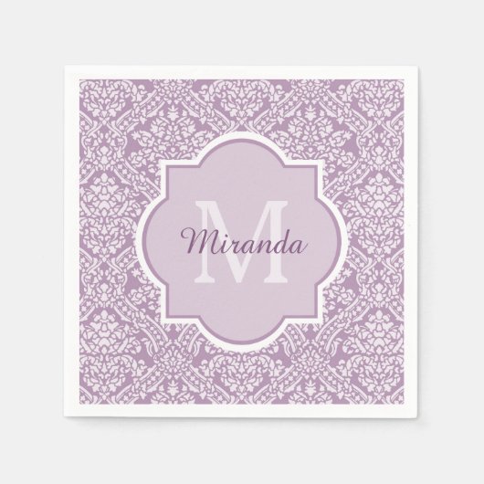 Chic Lavender Lila Damask Monogram mit Name Serviette (Vorderseite)