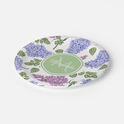 Chic Lavender Lilac Floral Pastell Green Monogram Pappteller (Schrägansicht)