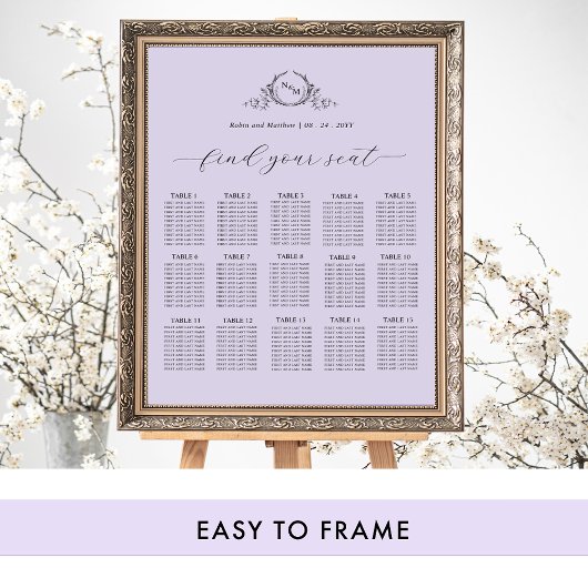 Chic Lavender Monogram Seating Chart Sign Poster