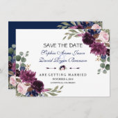 Chic Lavender Navy Blue Floral Bloom Save the Date (Vorne/Hinten)