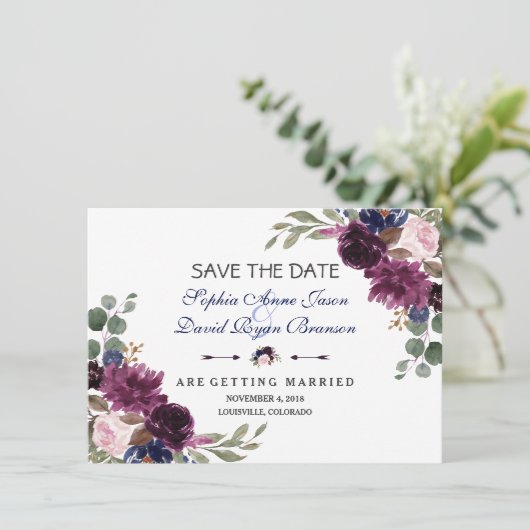 Chic Lavender Navy Blue Floral Bloom Save the Date (Stehend Vorderseite)