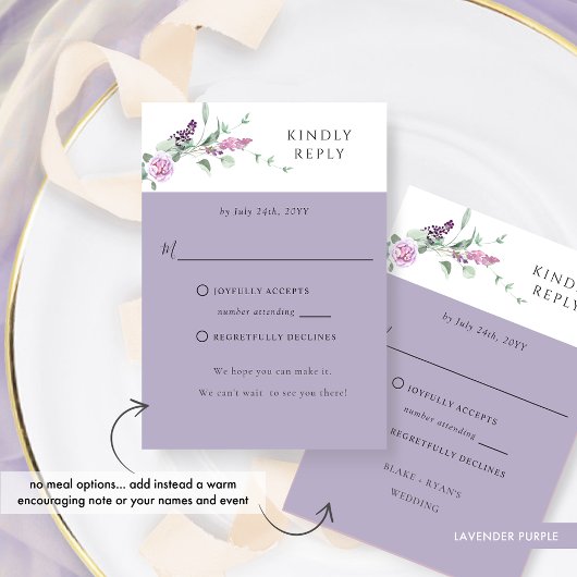 Chic Lavender Pastel floral mit oder ohne Mahlzeit RSVP Karte