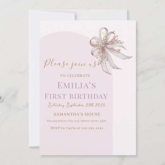 Chic Lavender Ribbon bow First birthday Einladung (Rückseite)