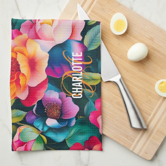 Chic lebende Rose Muster Monogramm Name Geschirrtuch (Viertel Falte)