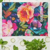 Chic lebendiges Rosenmuster Monogramm Name Geschirrtuch (Gefaltet)