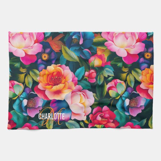 Chic lebendiges Rosenmuster Monogramm Name Geschirrtuch (Horizontal)