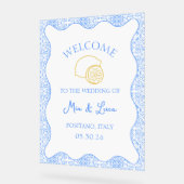 Chic Lemon Blue Tile Italienische Hochzeit Begrüßu Acrylschild (Winkel)