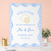 Chic Lemon Blue Tile Italienische Hochzeit Begrüßu Acrylschild (Hochzeit)