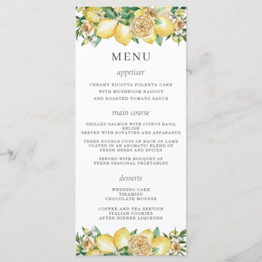 Chic Lemon Blumengrün Hochzeitsmenü Programm (Vorderseite)